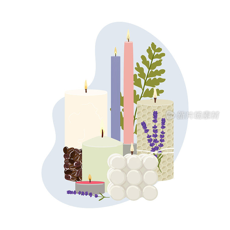 香薰蜡烛的插图。蜂蜡，石蜡，大豆，椰子蜡蜡烛在罐子和柱子与绿色植物，抽象的形状。家庭装饰蜡烛。手绘矢量图