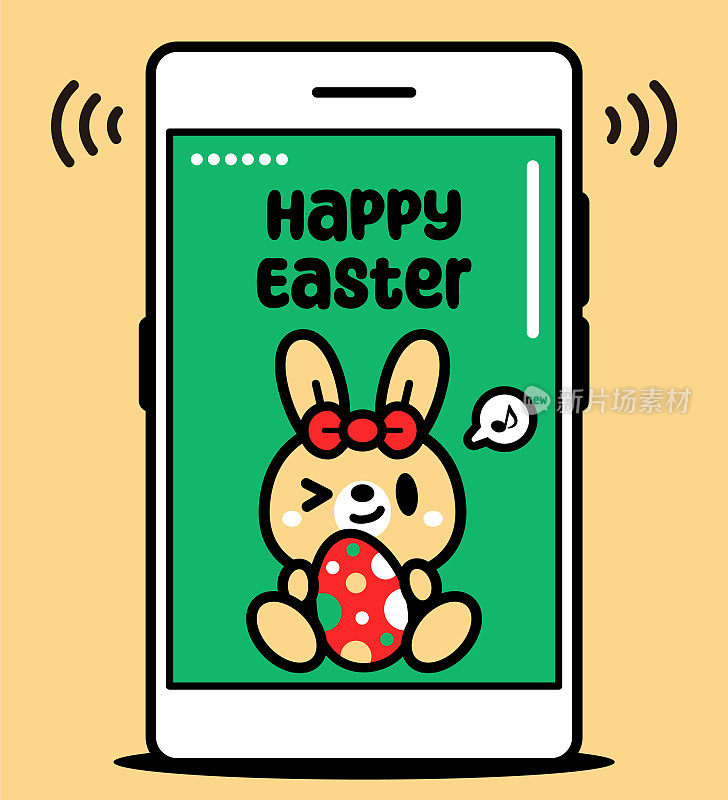 复活节快乐!一只可爱的复活节兔子在智能手机上拿着一个彩蛋，希望你拥有春天的希望和美丽，以及更光明的日子的承诺