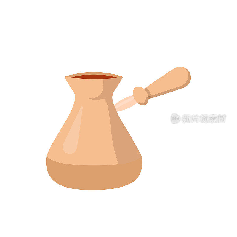 土耳其酿酒壶长柄孤立在白色。手工咖啡机。Jezve代表自助餐厅。厨房用具和家用设备设计。阿拉伯香薰饮料配制。矢量图