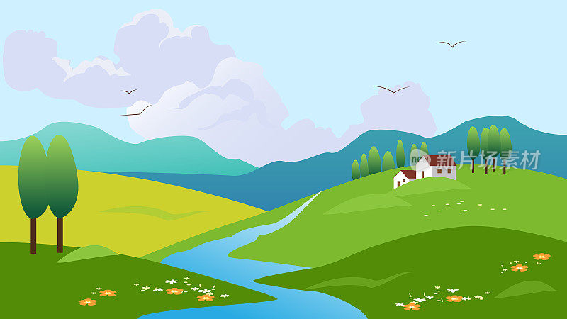 春天的壁纸与乡村的树木，房屋，云和山的场景