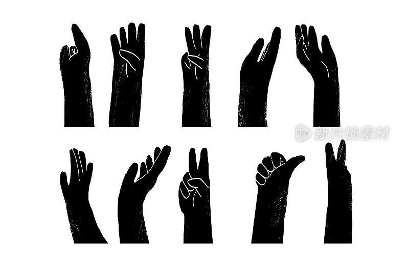 水墨手的姿势。手握和指向手势，手指交叉，拳头，和平和大拇指向上。简单，平面设计。图案和背景。海报，封面，横幅。