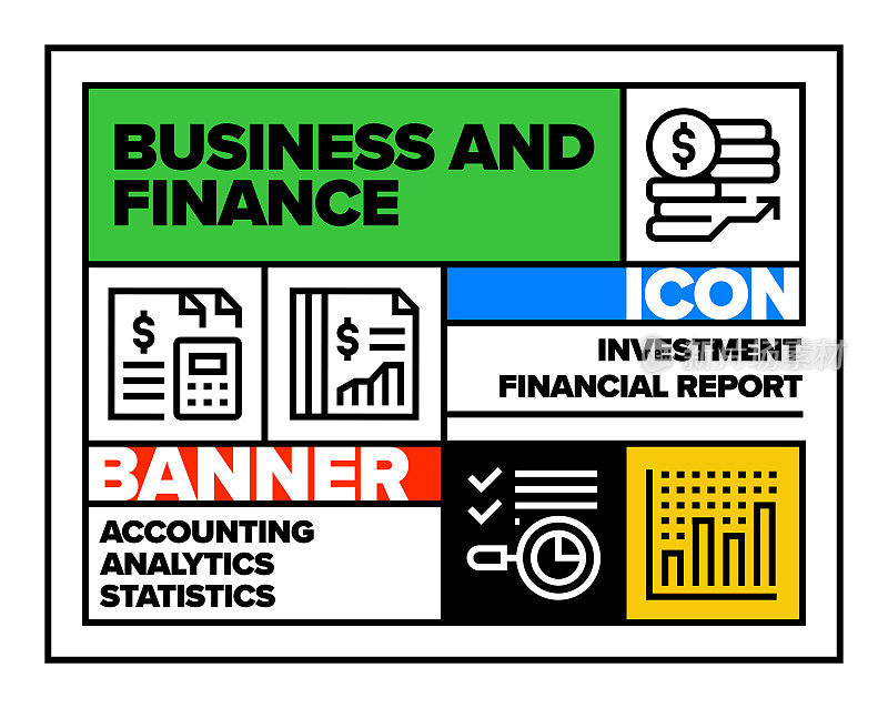商业和金融线图标集和横幅设计