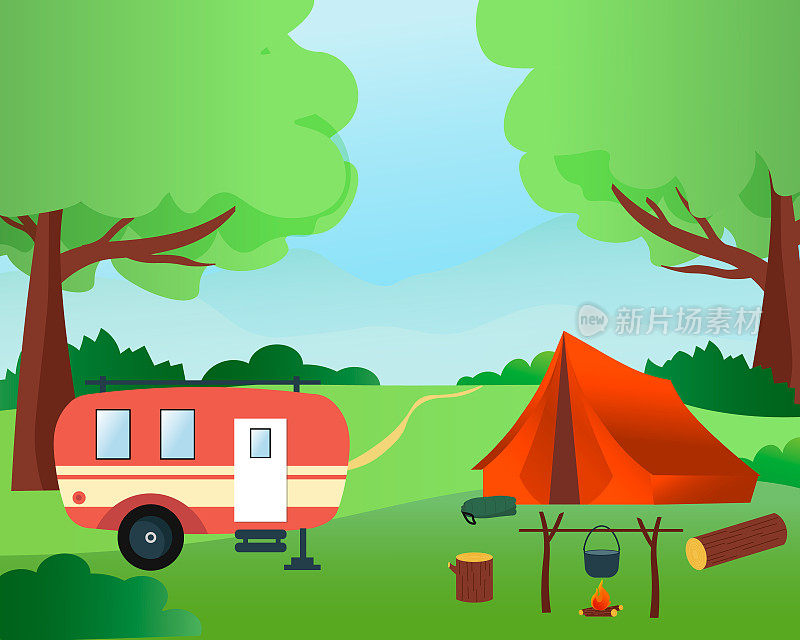 在野外露营休息。拖车，帐篷，篝火和圆顶礼帽。矢量景观图。