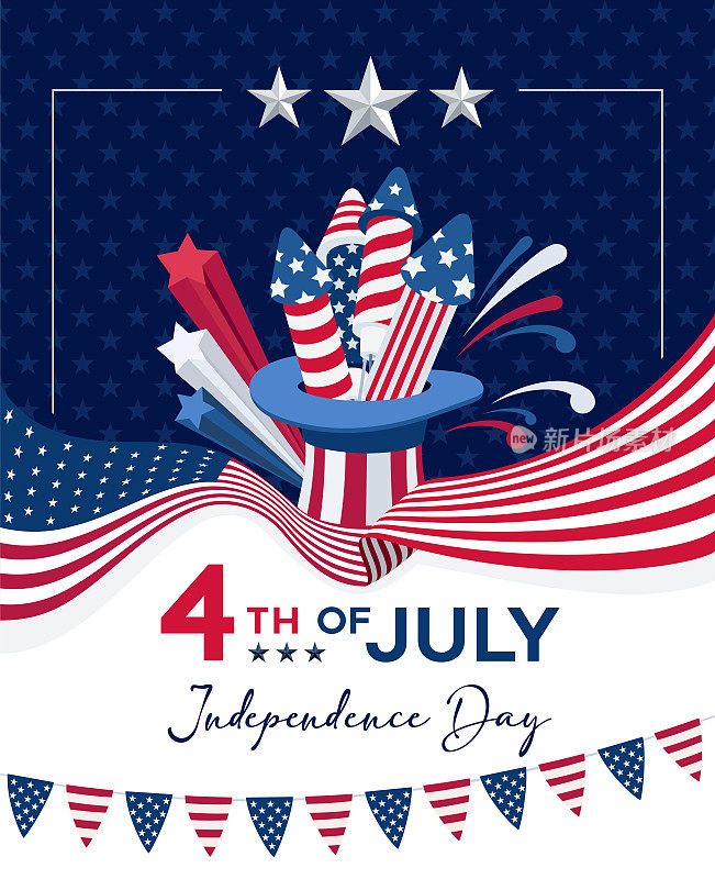 美国的烟火、火箭和星星。独立日快乐。七月四日，七月四日的旗帜。