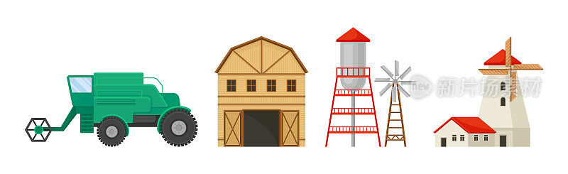 农场对象与机械，谷仓，水塔和风车矢量集