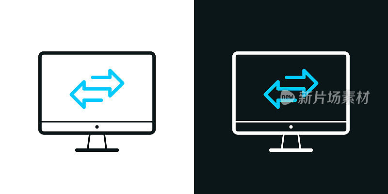 用台式电脑传输。黑色或白色背景上的双色线图标-可编辑的笔画