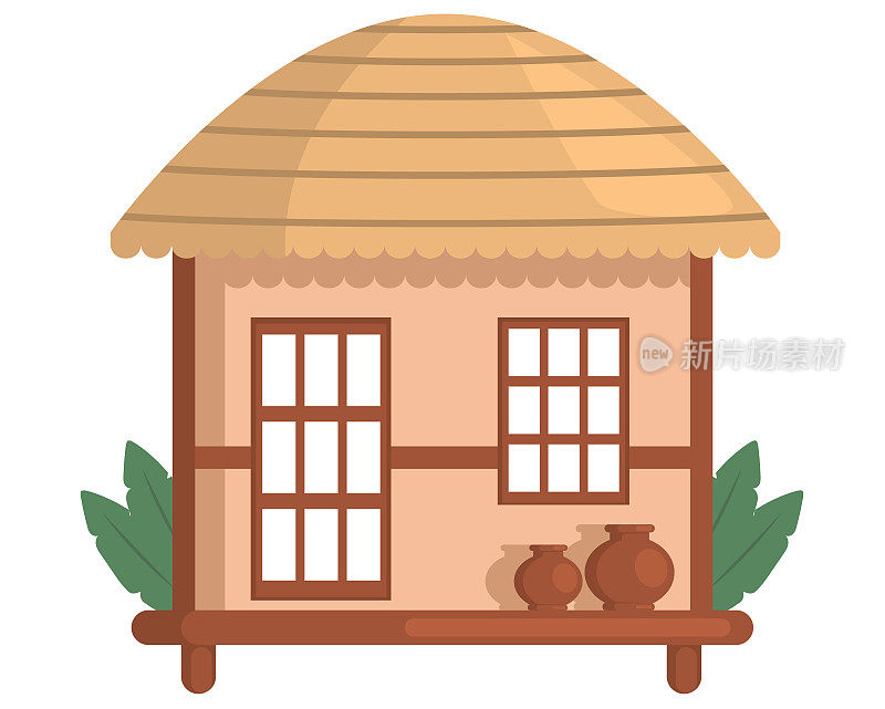乡村小屋，石头和粘土的房子，茅草屋顶孤立在白色的乡村建筑上