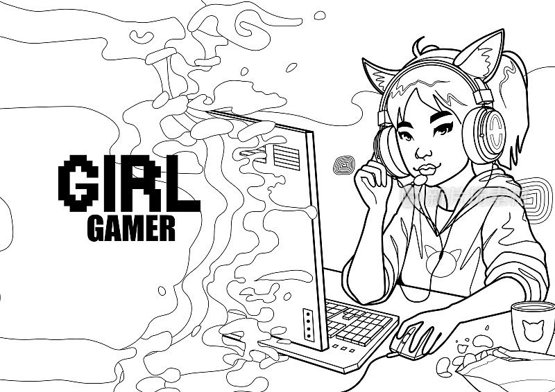 亚洲女孩游戏玩家或带猫耳朵耳机坐在电脑前。