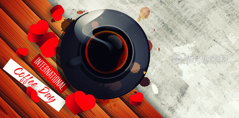 现实主义风格的国际咖啡日。一杯浓咖啡，在抽象的木制和混凝土背景上有心形图案。