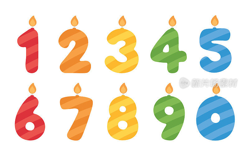 五颜六色，有趣的数字形状的蜡烛为孩子们，从0到9。