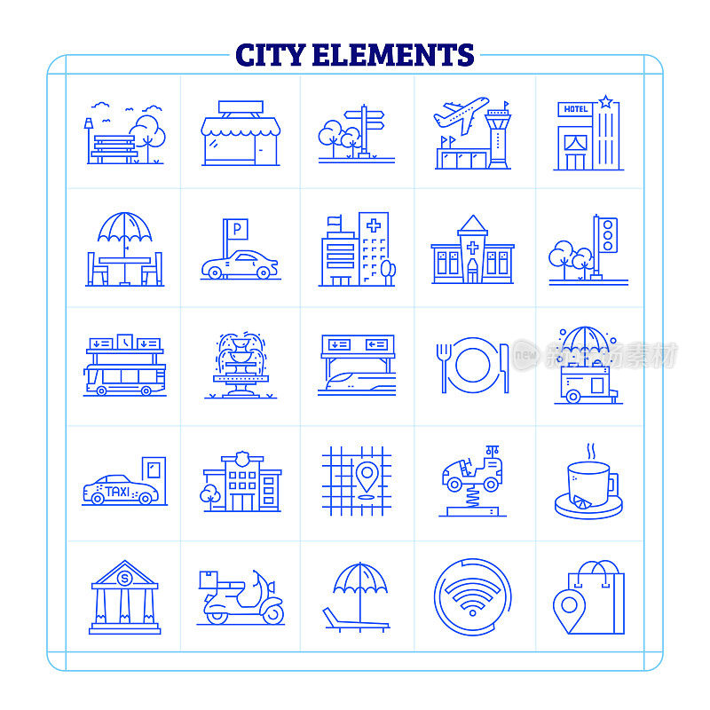 城市元素细线矢量图标集。