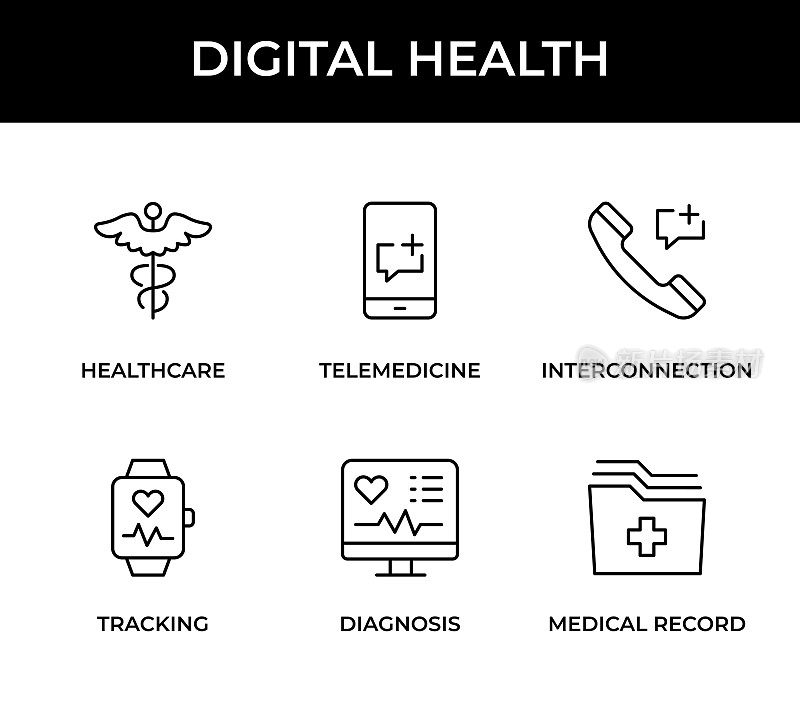 数字健康，医疗保健，远程医疗，健康跟踪，诊断，医疗记录图标