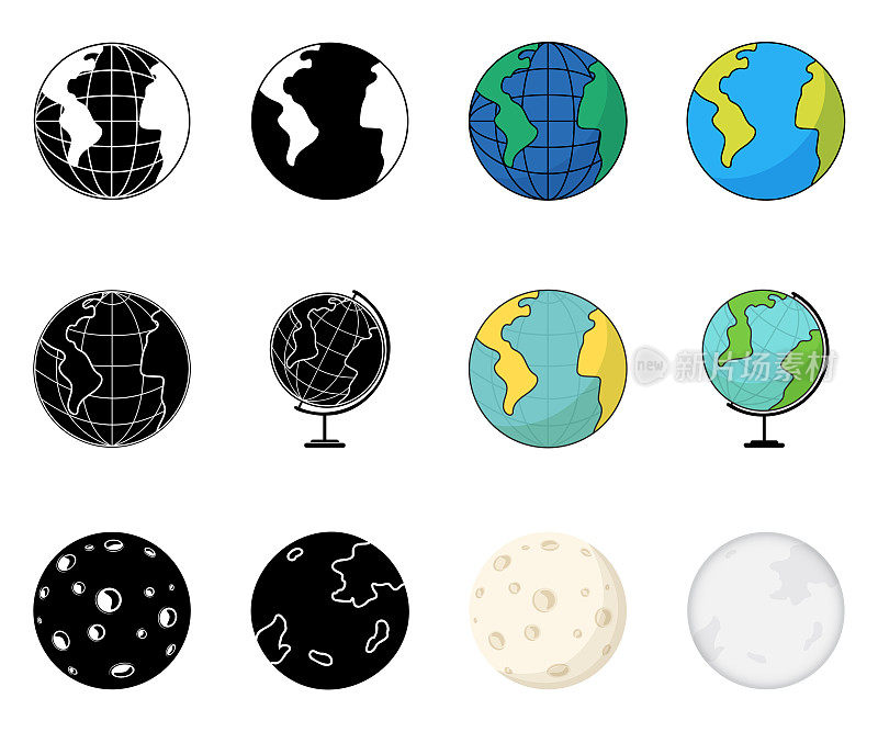 一套行星地球和月球图标。