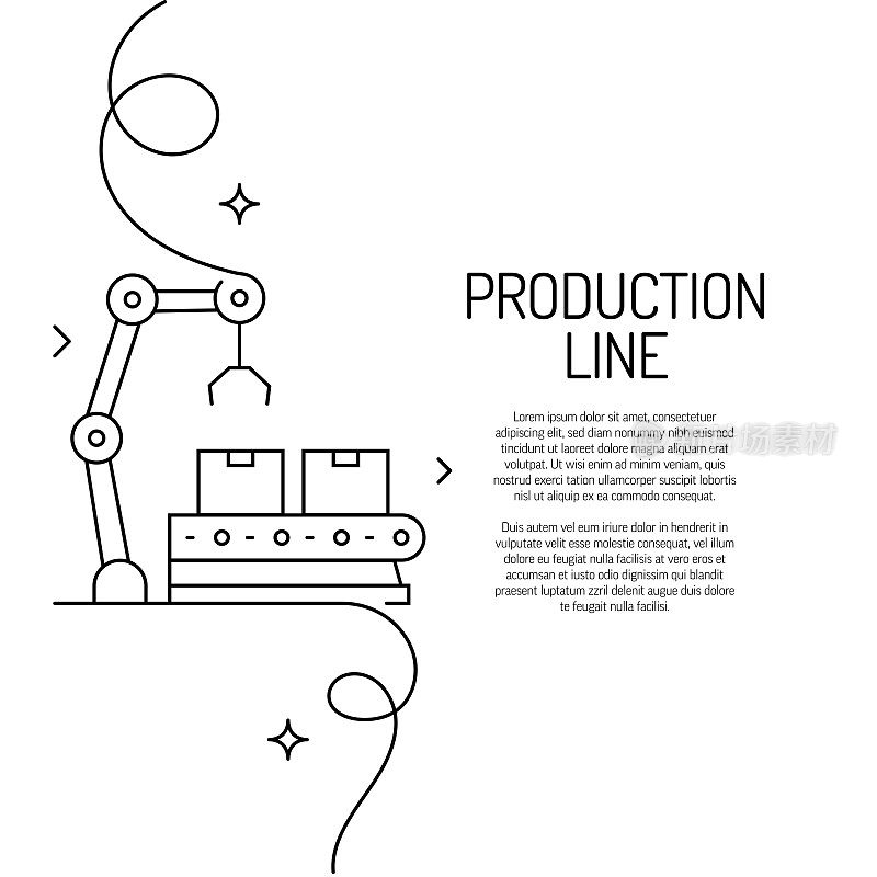 生产线图标的连续线条绘制。手绘符号矢量插图。