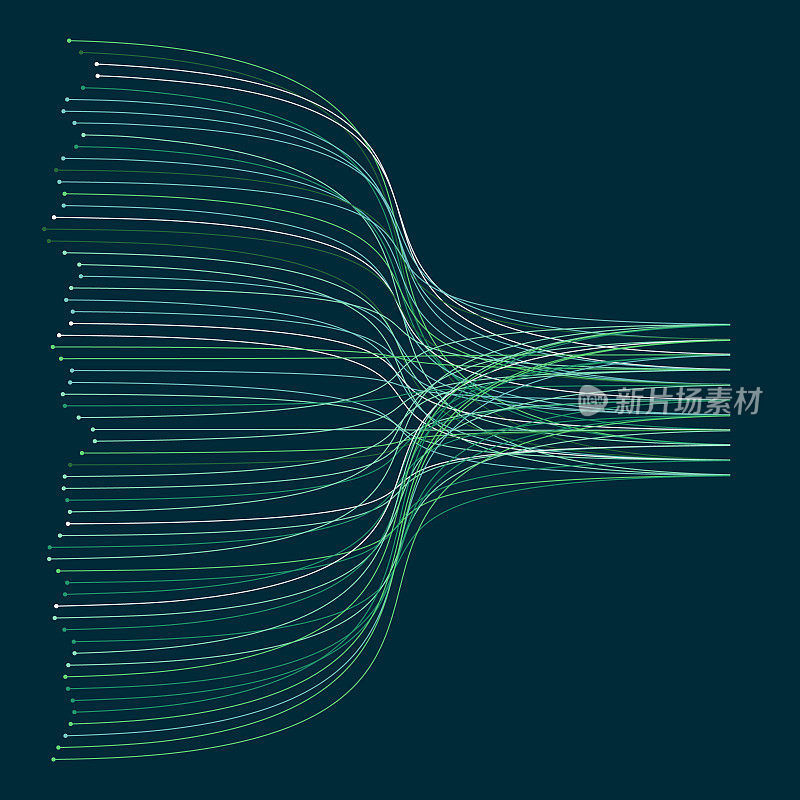 流动的绿线在黑暗的背景上汇聚和发散。