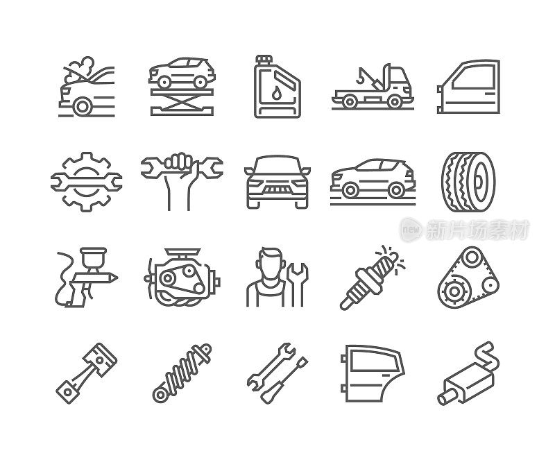 汽车服务线路图标集。车库,维修,汽车修理工。