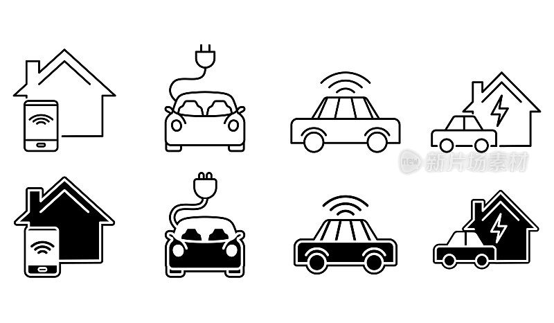联网的汽车和家庭图标。
