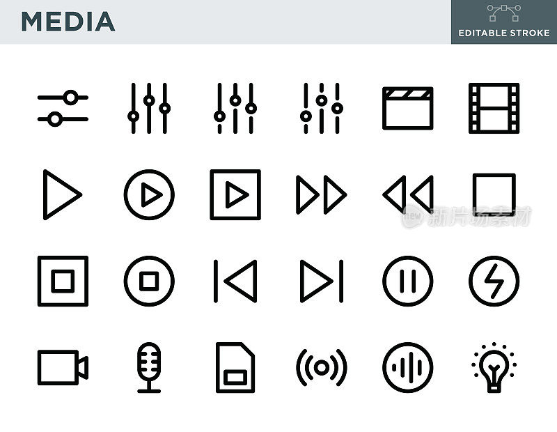 媒体细线图标集-可编辑的描边