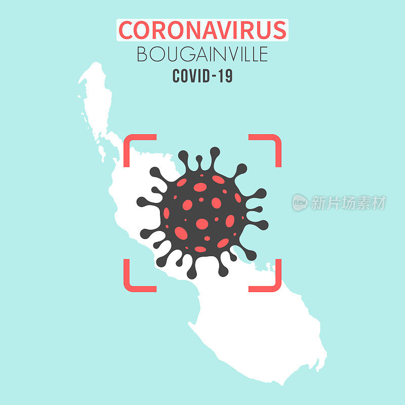 布干维尔地图，红色取景器中有冠状病毒细胞(COVID-19)
