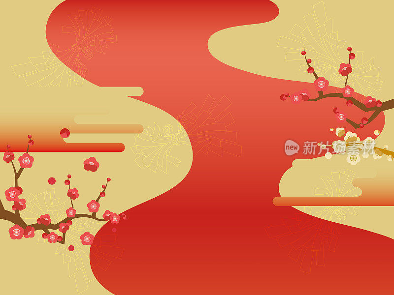 以梅树、云雾、红河和金色为背景的日式插画。
