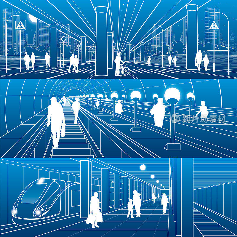 一套城市交通基础设施插图。街道和地下场景。城市生活的人。勾勒项目的图像。