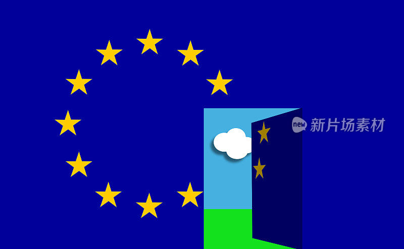 巨大的欧盟旗帜，一扇门通向蓝天绿草的风景。欧洲从冠状病毒封锁中重新开放或对外国人开放。概念说明。