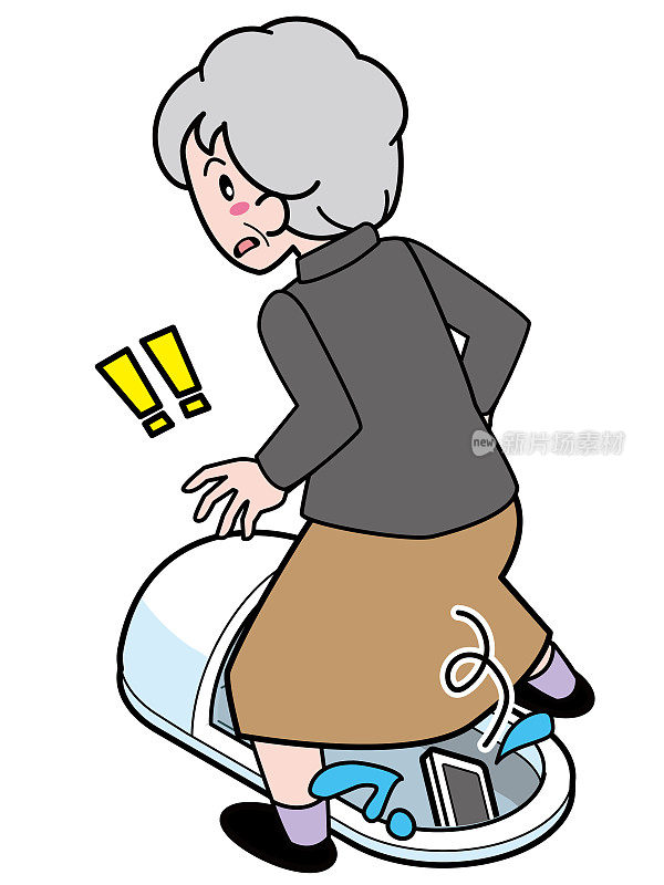 一位老妇人跨坐在日式马桶上，手机掉在地上