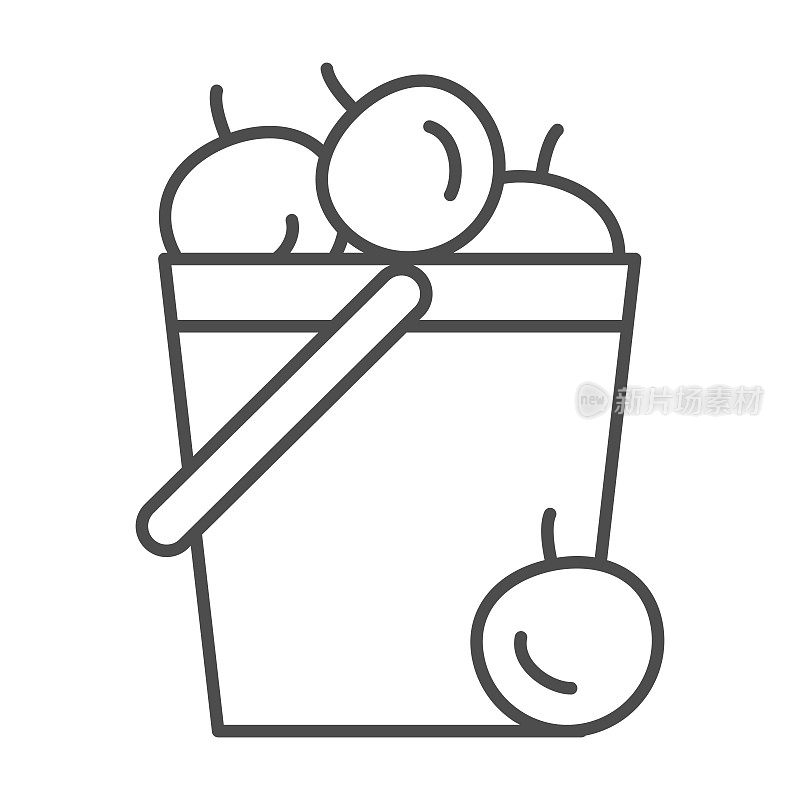 水桶苹果细线图标，花园和园艺概念，收获标志在白色的背景，花园水桶与苹果图标在轮廓风格的移动概念，网页设计。矢量图形。