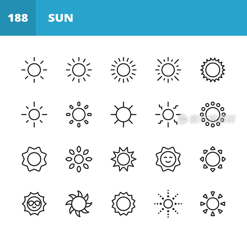 太阳线图标。可编辑的中风。像素完美。移动和网络。包含如太阳，阳光，夏天，假日，海滩，气候，环境，天空，能源，自然，热带，夏威夷，旅游，温暖，热，热，阳光等图标。
