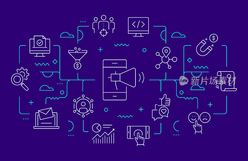 数字营销相关的网页横幅线条风格。现代线性设计矢量插图