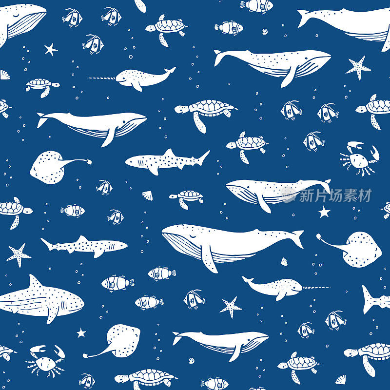 手绘海洋动物在蓝色的背景。与海洋生物的无缝模式。矢量插图的封面，织物，包装纸。手绘