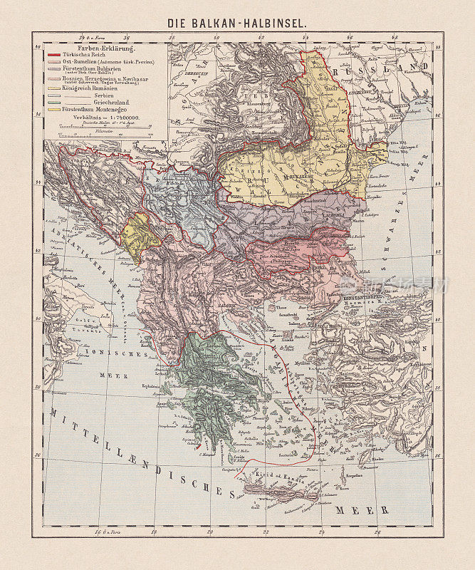 巴尔干半岛地图，19世纪末，平版，1893年