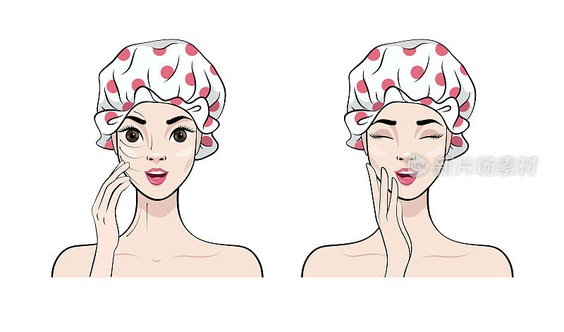 如何将面霜涂在脸部和颈部。放松技巧。矢量插图的按摩线在女人的脸上。