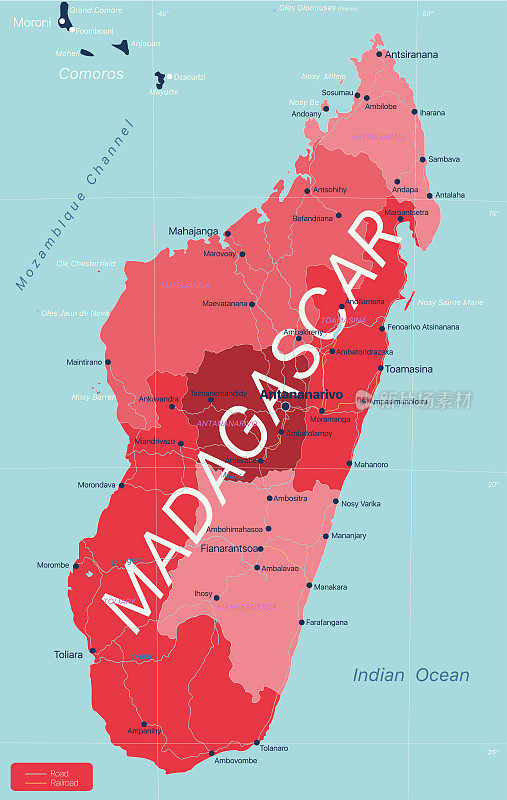 马达加斯加国家详细的可编辑地图