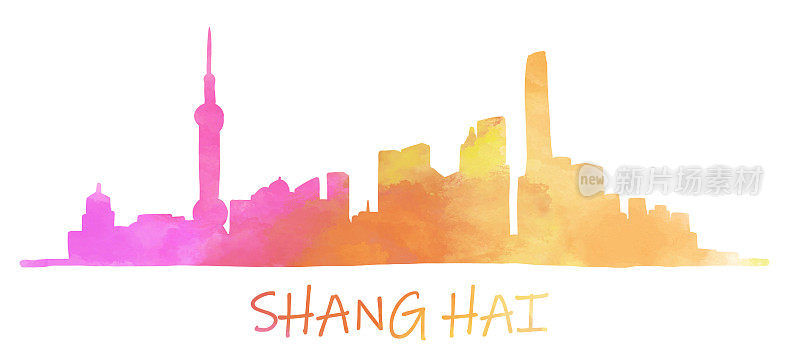 上海城市天际线彩色水彩风格插画。
