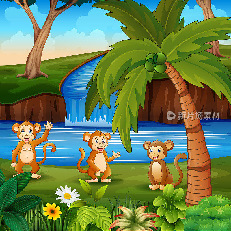 卡通中的三只猴子在河边
