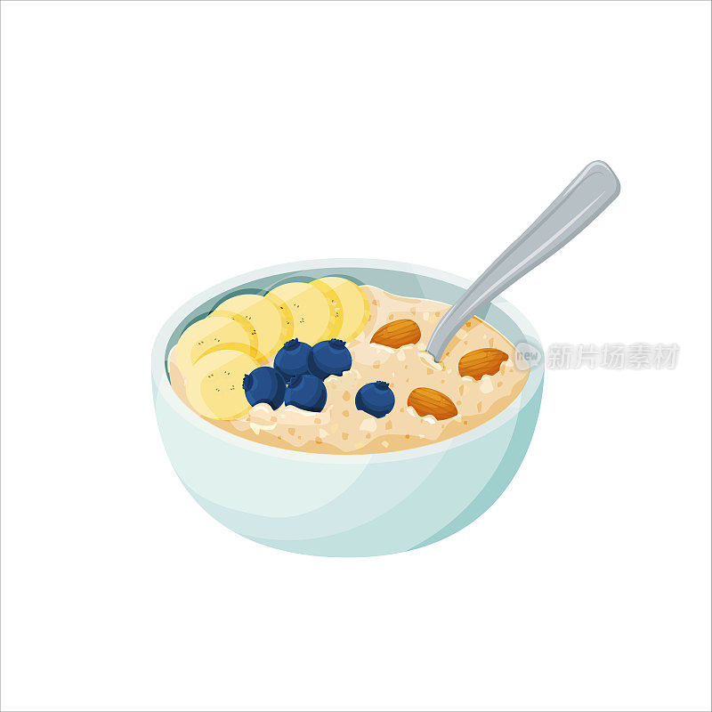 燕麦片。香蕉、蓝莓和坚果粥是健康的早餐或午餐。天然成分。矢量图