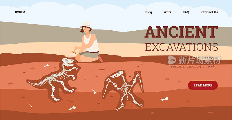 卡通女考古学家角色在挖掘寻找恐龙骨骼