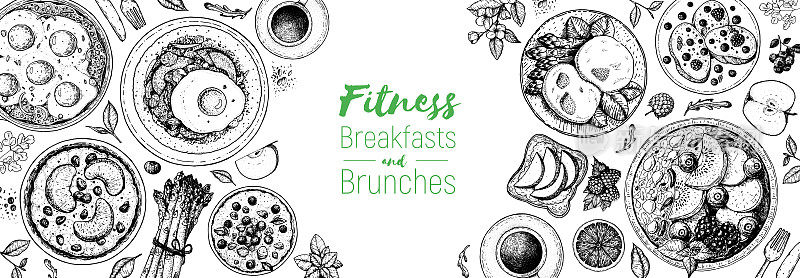 早餐，早午餐草图设计元素，俯视图食物。早餐菜单设计。早餐和早午餐菜肴收集。复古手绘草图，矢量插图。雕刻风格。