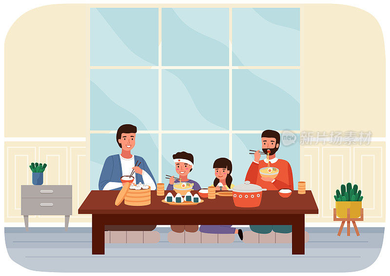 家庭用餐在餐厅东方风格矢量插图。餐桌上有面条、馒头