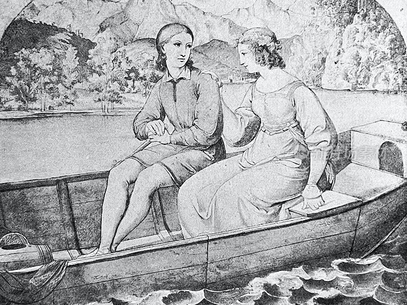 两个年轻女子划着小船，在高山湖上