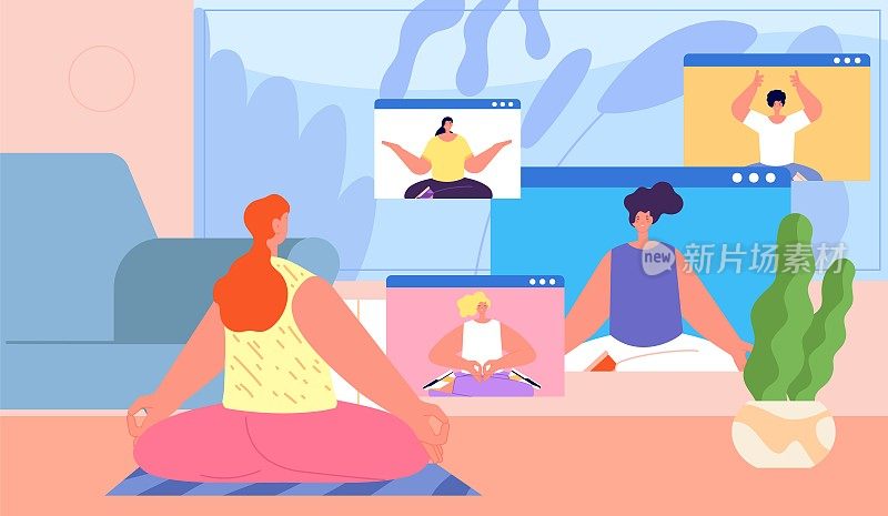 家瑜伽。网上集体锻炼，一起以冥想姿势休息。现代健身流媒体，健身视频通话绝对矢量插图
