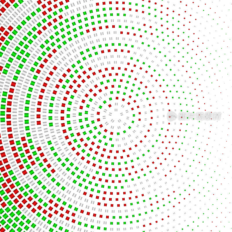 红色，绿色，银色的金属芯片圆点的圆形图案，大小梯度向右淡出