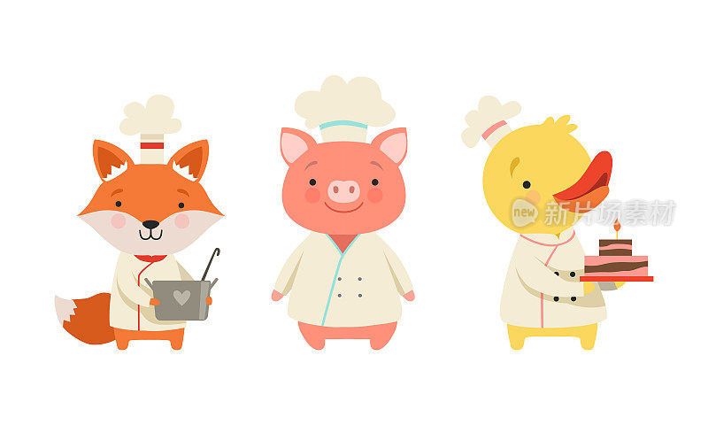 可爱的动物厨师角色集，狐狸幼崽，小猪，小鸭在统一烹饪美味的菜肴卡通矢量插图