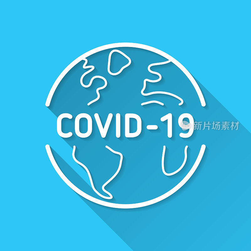 地球上COVID-19。图标在蓝色背景-平面设计与长阴影