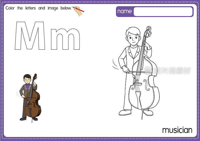 矢量插图的儿童字母着色书页与概述剪贴画，以颜色。字母M代表音乐家。