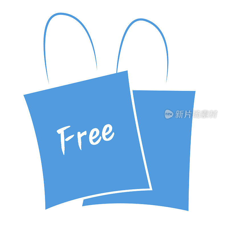 海报模板设计与两个重叠明亮的蓝色购物袋与文字免费写在白色，免费或无成本或补充赠品