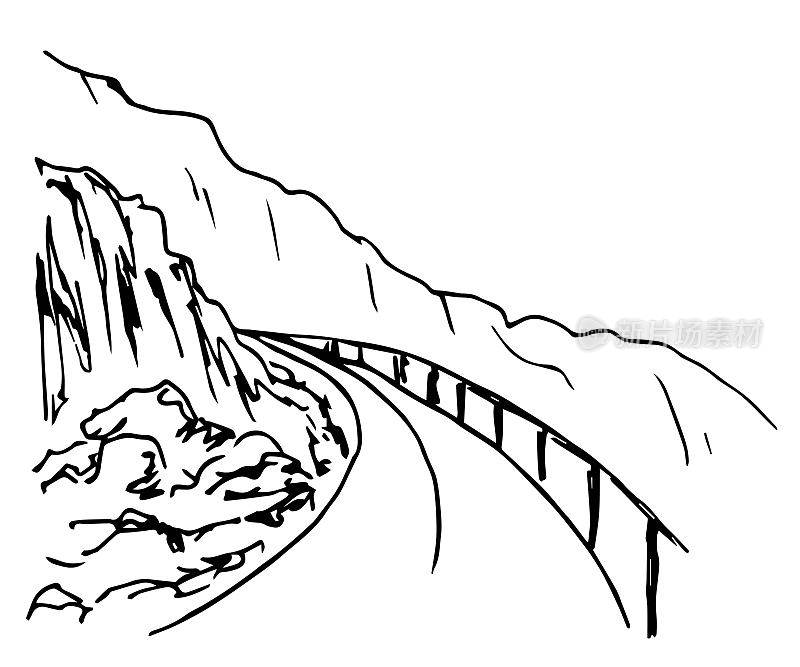 简单的黑色矢量轮廓图。山路，蜿蜒曲折，危险转弯，围栏。岩石地形。自然，景观，旅游和旅游。墨水草图。