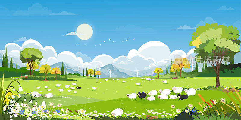 在蓝天白云的山丘上，有山羊、绵羊和风车的春天村，向量卡通的春天自然乡村，夏天的风景，有机农场的乡村，生态友好的概念