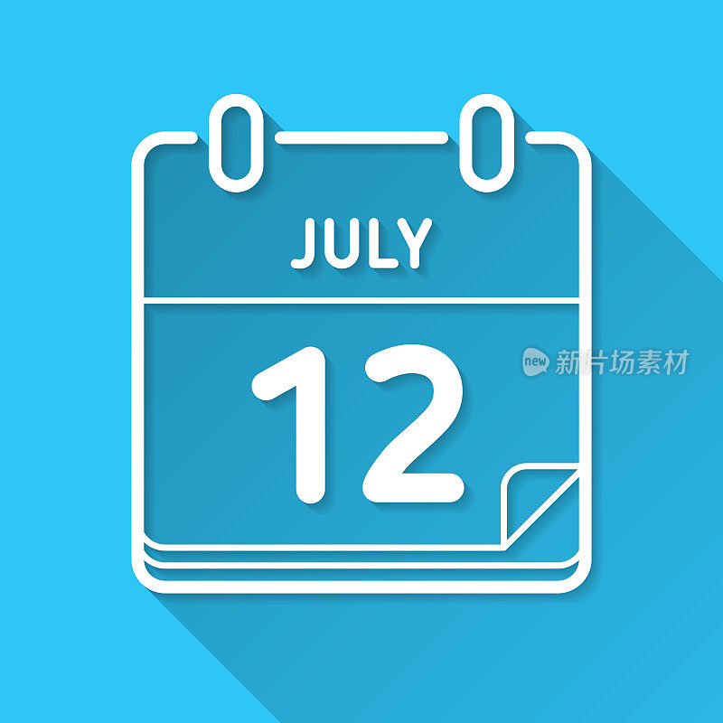 7月12日。蓝色背景上的图标-长阴影平面设计